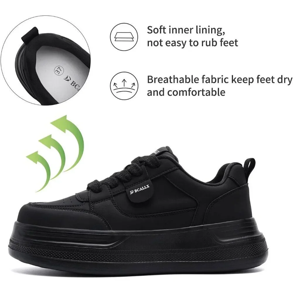 Women’s Leather Black Lace Up Lightweight Stylish Casual  Sneaker Shoes